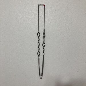 Long Gun Metal Gray Indented Oval Ring Layered Chain Statement Necklace
